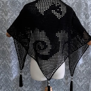 Dragon Shawl, Crochet Shawl, Filet Crochet Black Shawl,  Dragon Wrap, Renn Faire Dragon Shawl, Fairy Shawl, costume Shawl, Black Dragon