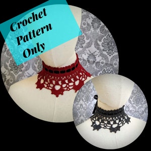 May include: Two crochet choker necklaces, one red and one black, on white mannequins. The text "Crochet Pattern Only" is in a blue box.