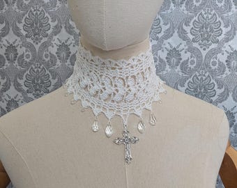 Victorian Wedding Crochet Choker, Crystal Beaded, Gothic Victorian, Lace Crochet, Cross Jewelry, Bridal Accessory, Corpse Bride