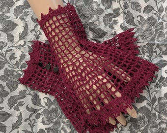 Victorian Gothic Steampunk Wrist Cuffs, Burgundy Goth Gloves, Bridal Accessories, Crochet Lace Wrist Cuffs, Lace Wristlets, Witches Ball