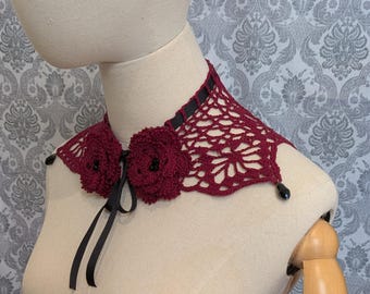 Burguny Lace Flower Choker, Victorian Collar, Steampunk Choker, Gothic Victorian Choker, Floral Collar, Crochet Flower,  Bead Choker