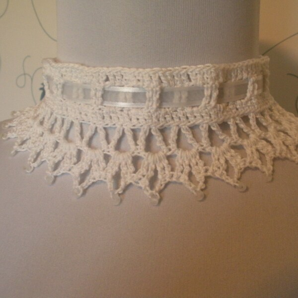 Wedding Bridal White Fine Lace Crochet Victorian Wedding Steampunk Beaded Choker