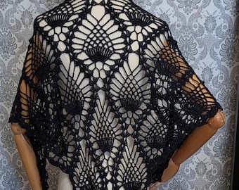 Wedding Shawl, Steampunk Shawl, Victorian shawl, Pineapple Shawl, Lace Crochet Shawl, Civil War, Black Lace Shawl, Pineapple Crochet