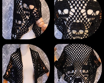 CROCHET SKULL SHAWL, Gothic Skull Shawl, Gothic Wedding Wrap, Crochet Skull Scarf, Black Shawl, Faerie Shawl, Pirate Shawl, Steampunk Cape