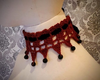 Red Lace Crochet Choker, Victorian Collar, Steampunk Choker, Gothic Victorian Choker, Vintage Goth Jewelry, Vampire Jewelry, Beaded Choker