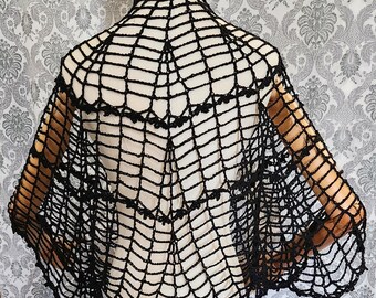 Gothic Wedding Shawl, Steampunk capelet, Victorian Gothic shawl, Lace Crochet Shawl, Civil War, Spiderweb Black Lace Shawl, Gothic Spiderweb