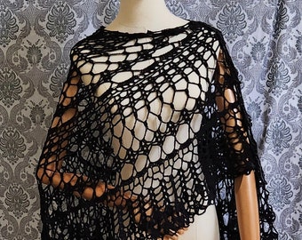 Black Wedding Shawl, Lace Crochet Shawl, Gothic Shawl, Gothic Bridal Shawl, Victorian Evening Wrap, Summer Shawl, Large Shawl, Steampunk