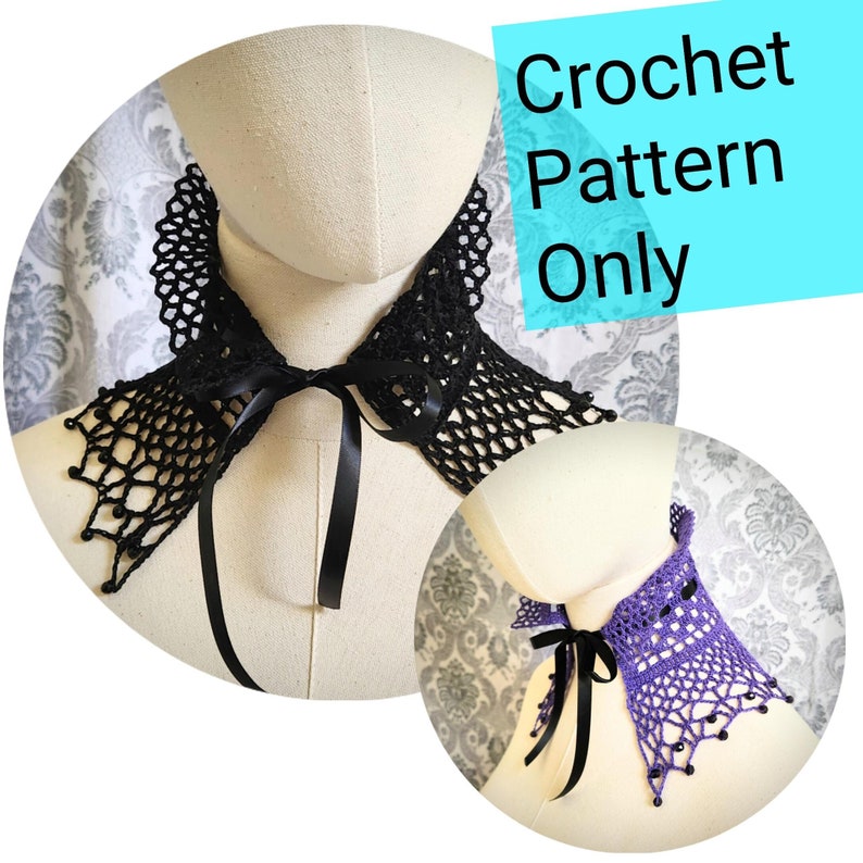 May include: Crochet pattern only. Two crocheted collars, one black and one purple, with black ribbon ties.