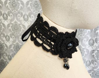 Black Gothic Floral Choker, Victorian Choker, Steampunk Choker, Flower Choker, Romantic style, Floral Jewelry, Two-tone, Beaded Crochet