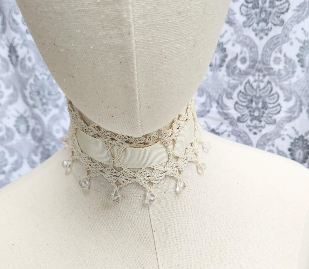 Lace Crochet Beaded Choker, Victorian Gothic, Wedding Choker, Steampunk ...