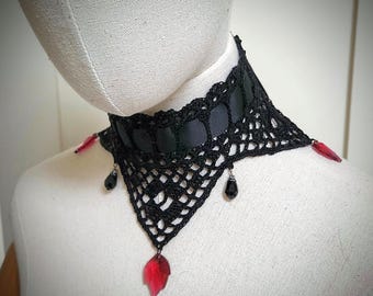 Gothic Victorian Choker, Steampunk Choker, Gothic Bride, Victorian Noir, Vampire, Beaded Lace Crochet Choker, Wedding Choker, Halloween
