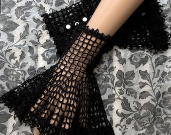 Victorian Gothic Steampunk Wrist Cuffs, Black Goth Gloves, Bridal Accessories, Crochet Lace Wrist Cuffs, Lace Wristlets, Witches Ball, Noir