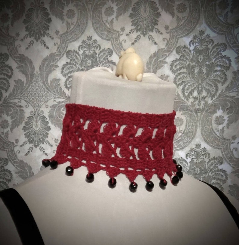 Scarlet Red Lace Crochet Choker, Victorian Choker, Steampunk Choker, Gothic Jewelry, Victorian Noir, Dark Romantic, Vampire Choker, Beaded image 2