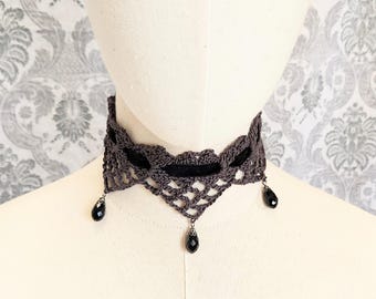 Gray Lace Crochet Choker,  Victorian Mourning Collar,  Steampunk,  Victorian Choker, Wedding Choker, Gothic Choker, Romantic Goth, Bridal