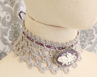 Gothic Lace Choker, Victorian Collar, Steampunk Choker, Gothic Victorian Choker, Vintage Style Jewelry, Crochet Lace, Wedding Choker, Cameo