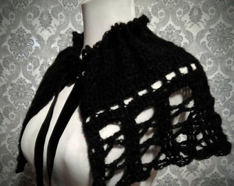 Lace Crochet Shawl, Gothic Black Shawl, Vintage Style Stole, Lace Capelet, Gothic Bride, Victorian Evening Wrap, Summer Shawl, Civil War