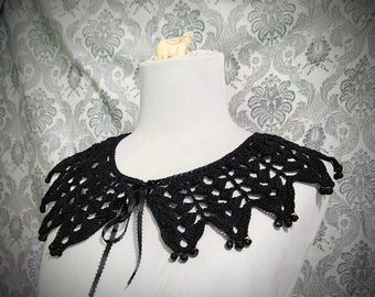 Black Victorian Lace Collar, Peter Pan Collar,Gothic Collar, Steampunk Collar, Civil War Dress, Vintage Collar, Beaded Necklace, Bead Collar