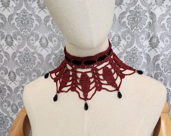 Gray Gothic Lace Choker, Victorian Collar, Steampunk Choker, Gothic Victorian Choker, Vintage Goth Jewelry, Crochet Lace, Beaded Choker
