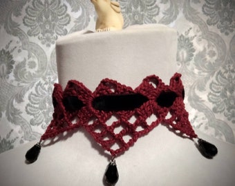 Burgundy Lace Crochet Choker, Victorian Mourning Choker, Steampunk Choker, Gothic Victorian Collar, Vampire Jewelry,  Dark Faerie Choker