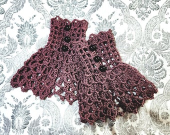 Victorian Steampunk Wrist Cuffs, Gothic Gloves,  Bridal Accessories, Burgundy Crochet Wrist Cuffs, Lace Wristlets, Tea Gloves, High Tea Cuff