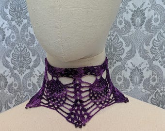 Purple Lace Crochet Choker, Victorian Collar, Steampunk Choker, Varigated Purple Choker, Beaded Choker