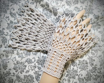 Victorian Gothic Steampunk Wrist Cuffs, Gothic Gloves,  Bridal Accessories, Gray Crochet Lace Wrist Cuffs, Lace Wristlets, Crochet Gloves,