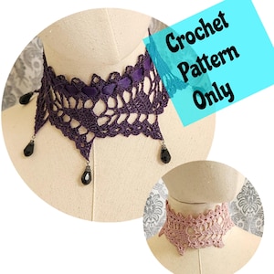 May include: Crochet pattern for a delicate lace choker necklace with a purple ribbon and black bead accents.  "Crochet Pattern Only" text is visible in the image.