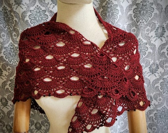 Burgundy Wedding Shawl, Steampunk capelet, Gothic Shawl, Celtic Cape, Lace Crochet Shawl, Civil War, Gothic Victorian, summer Shawl