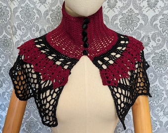 Gothic Victorian Capelet, Steampunk Capelet,Victorian Shawl, Lace Crochet, Wedding Shawl, Capelet, Two Tone Accessory, Dark Romance, Downton