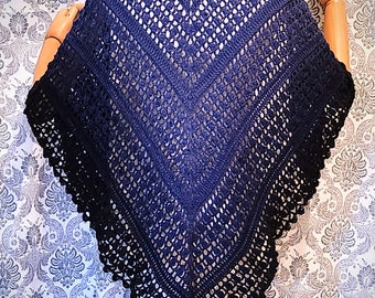 Lace Crochet Shawl, Gothic Shawl, Varigated Shawl, Lace Cover, Wedding Shawl, Victorian Evening Wrap, Summer Shawl, Civil War Capelet, Blue