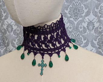 Purple Green Crochet Choker, Cross Choker, Steampunk Choker, Gothic Jewelry, Fairy Jewelry, Romantic,  Victorian Choker