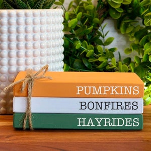 May include: Stacked decorative wooden books in orange, white, and green, tied with twine. The books are labeled "PUMPKINS," "BONFIRES," and "HAYRIDES" in white text. A white textured planter and greenery are in the background.