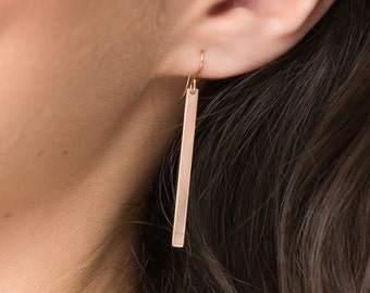 Bar Earrings/Sterling Silver Bar Earrings, Rose Gold Skinny Bar Drop Earrings/Modern Stick Earrings, Hammered, Brush Bar Earrings