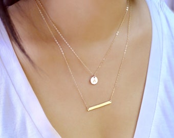 Personalized Double Strand Necklace – Custom Initial & Bar Layered Necklace, Layering Necklace – Engraved Bar and Initial Charm Necklace
