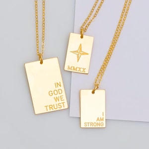Personalized Rectangle Pendant Necklace – Engraved Inspirational Quote Jewelry, Custom Name Plate Pendant in Gold, Silver, or Rose Gold