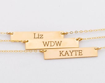 Double sided Gold Nameplate Bar Necklace, Custom Name Jewelry, Delicate Name Plate Gift for Her, Coordinates, Monogram, Date, Roman Numerals