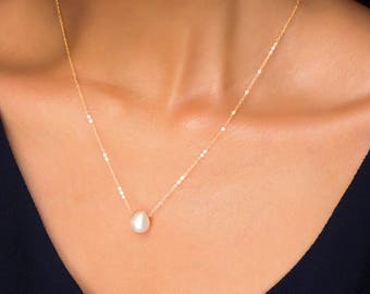 Teardrop Pearl Necklace, Small Pearl Floating Necklace, Freshwater Drop Pearl Charm Necklace, Silver June Birthstone, Gold Bridesmaid Gifts