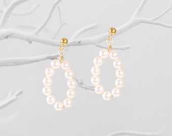 White Pearl Hoop Dangle Stud Earrings, Gold, Silver, Rose Gold Oval Ringlet Pearl Drop Pendant Jewelry, Handmade Bridesmaid Gift for Women