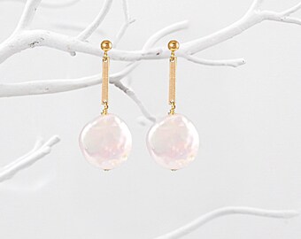 Real Coin Pearl Earrings, White Flat Round Pearl Jewelry, 14k Gold fill Earrings Beach Wedding Jewelry, Freshwater Pearl Silver Earrings