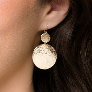 Double Circle Earrings, Hammered Double Disc Earrings, Two Coin Dangle Jewelry, Statement Drop Earrings for Women, Gift for Her