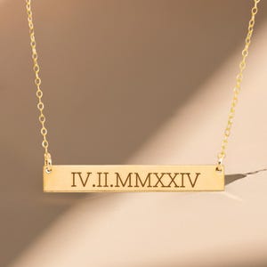 Engraved Double-Sided Long Bar Necklace – Custom Date & Name Jewelry, Personalized Gold Bar Necklace, Custom Nameplate Necklace