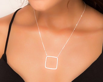 Square Necklace, Statement Necklace, Silver Geometric Necklace, Large Outline Square Shaped Necklace on Delicate Chain