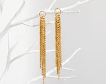 14K Gold Filled Tassel Stud Earrings, Multiple Chain Dangle Jewelry, Long Dainty Fringe Earrings, Gift for Wife, Silver Bohemian Jewelry