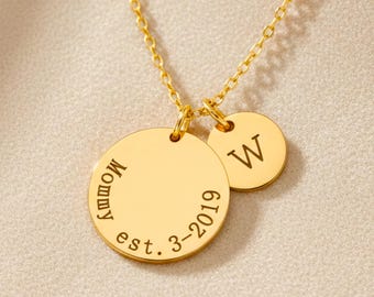 Personalized New Mom Necklace – Mommy Est. Necklace with Baby Initial Charm, Personalized Mother’s Necklace with Birth Date and Initial