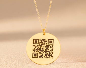 Personalized QR Code Necklace, Custom Engraved Pendant Gold, Silver, Rose Gold Necklace, Scanable Message Jewelry, Meaningful Gift for Her