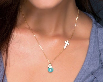 Personalized Sideways Cross Necklace, Mom Necklace with Birthstone, Grandma Necklace, Initial Heart Charm Jewelry, Christmas Gift