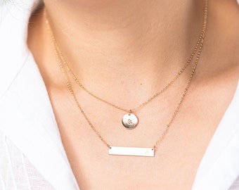 Bar Layered Necklace, Nameplate Gold Bar Necklace, Double Strand Necklace, Silver Layering Jewelry, Rose Gold Initial Circle Necklace