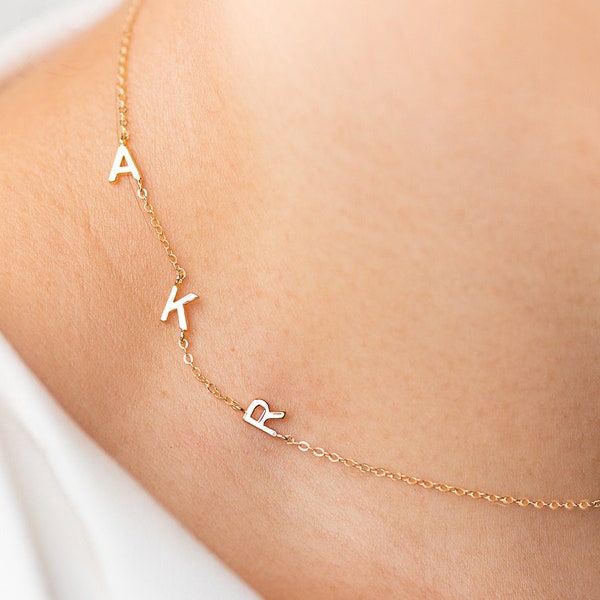 Sideways Initial Necklace, Personalized Gold Letter Necklace, Multiple Tiny Monogram Charm Jewelry, Bridesmaid Gifts, Valetine Gifts
