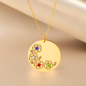 Birth Flower Necklace with Birthstones, Custom Multiple Birthstone Necklace – Engraved Name Pendant, Personalized Family Jewelry for Women