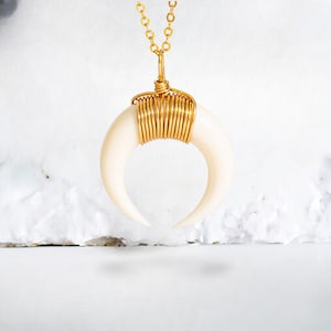 Double Horn Necklace, Gold Crescent Moon Necklace, Silver Tusk Necklace, Bone Horn Necklace / Layering Boho Necklace, Upside Down Moon